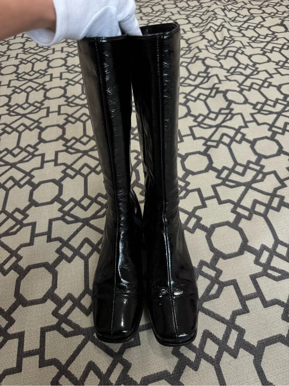 La Canadienne Black Patent Leather Knee High Square Toe Riding Boots Size 7.5 M